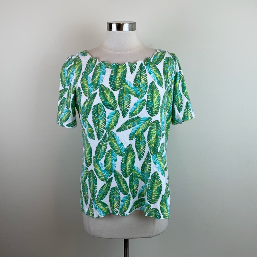 Kim Rogers Green White Tropical Leafs Scallop Top Women Small
